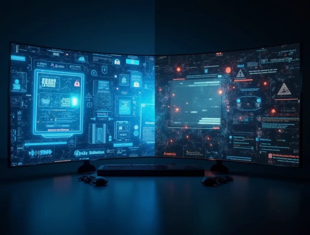A split-screen image showing a secure, well-lit digital dashboard on one side representing legal IPTV services, contrasted with a dark, glitchy screen filled with warning signs symbolizing illegal IPTV risks